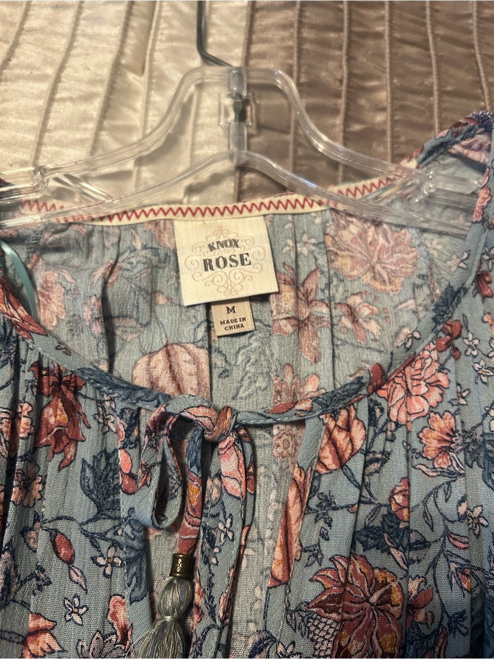 Knox Rose Light Blue Floral Peasant Dress with Tassel Tie
